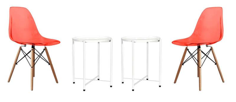 SMTE Transparent Color Dining Wooden Leg Chairs and 1 Tier Metal Table Set - Red with keychain