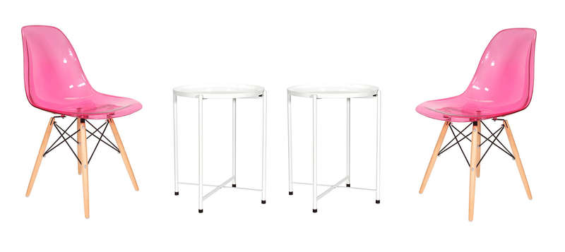 SMTE Transparent Color Dining Wooden Leg Chairs and 1 Tier Metal Table Set - Pink with keychain