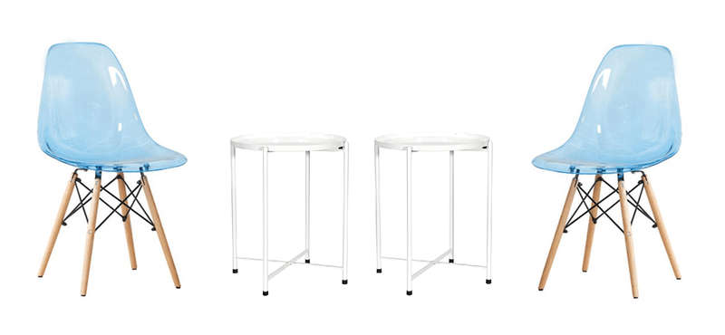 SMTE Transparent Color Dining Wooden Leg Chairs and 1 Tier Metal Table Set - Blue with keychain