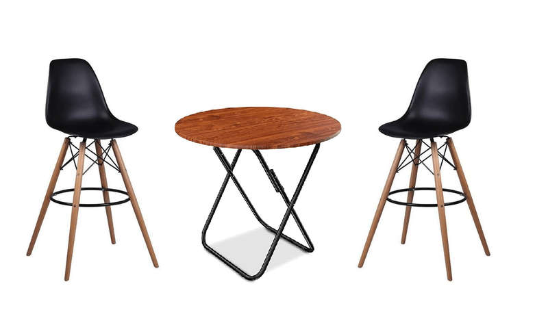 SMTE Stylish Folding 80cm Round Table with 2 High Bar Chairs - Black with keychain