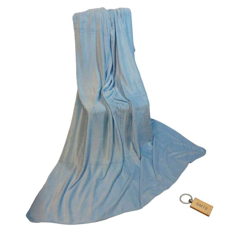 SMTE Compact Travel Fleece Blankets 180 x210cm +Smte Keyring - Light Blue with keychain