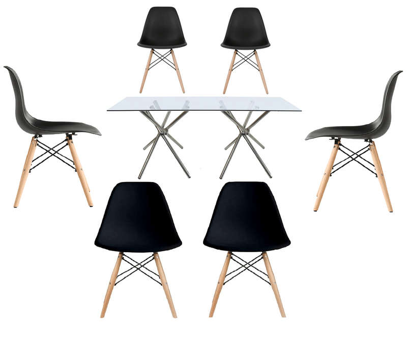 SMTE Rectanguler Glass Table With 6 Wooden Leg Chairs -Black with keychain