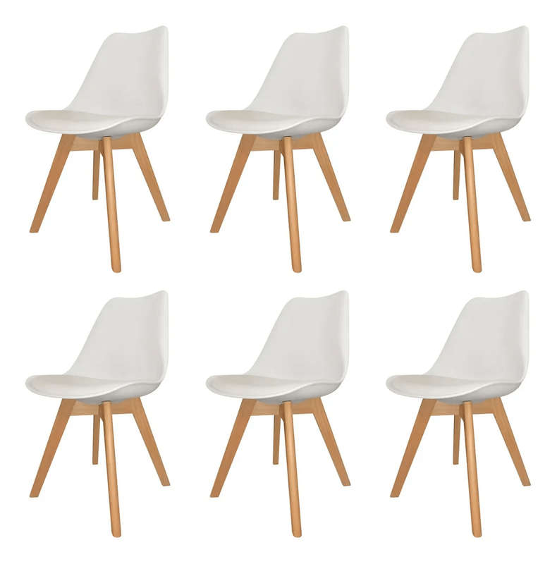 SMTE Padded Seat Wooden Leg Dining Chairs - Pack of Six - White Colour with keychain