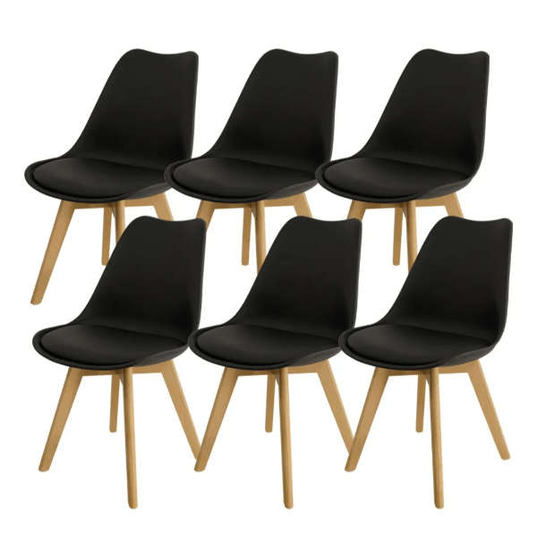 SMTE Padded Seat Wooden Leg Dining Chairs - Pack of Six - Black Colour with keychain