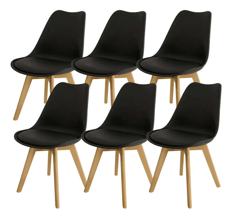 SMTE Padded Seat Wooden Leg Dining Chairs - Pack of Six - Black Colour with keychain