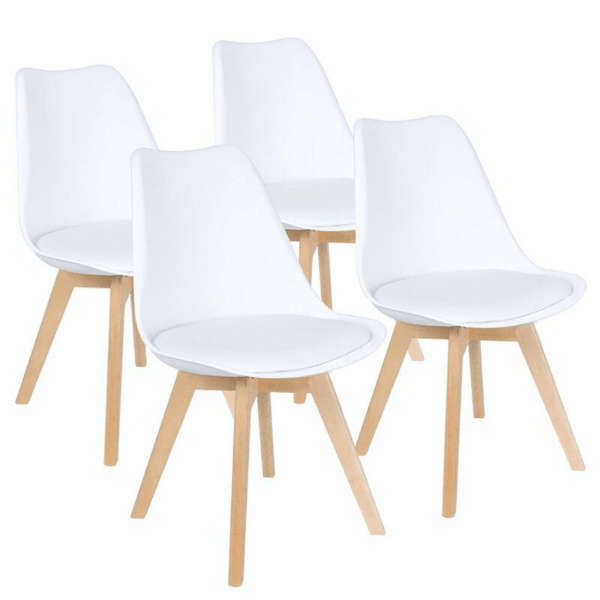 SMTE Padded Seat Wooden Leg Dining Chairs - Pack of Four - White Colour with keychain