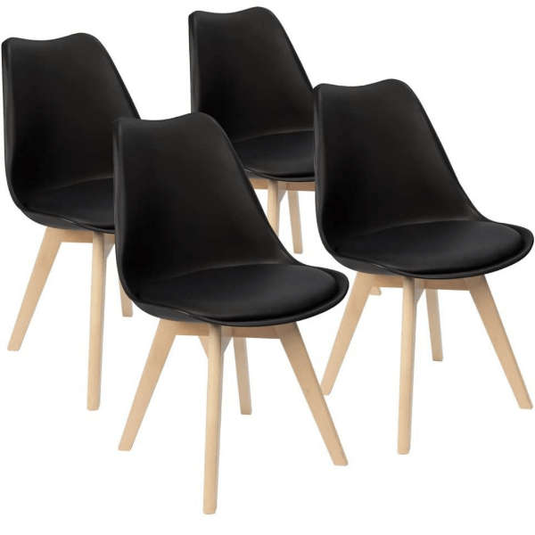 SMTE Padded Seat Wooden Leg Dining Chairs - Pack of Four - Black Colour with keychain