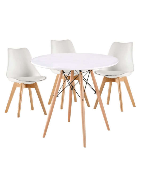 SMTE Modern Wooden Round Dining Table with 3 Set of Soft Padded Chairs Set-White with keychain