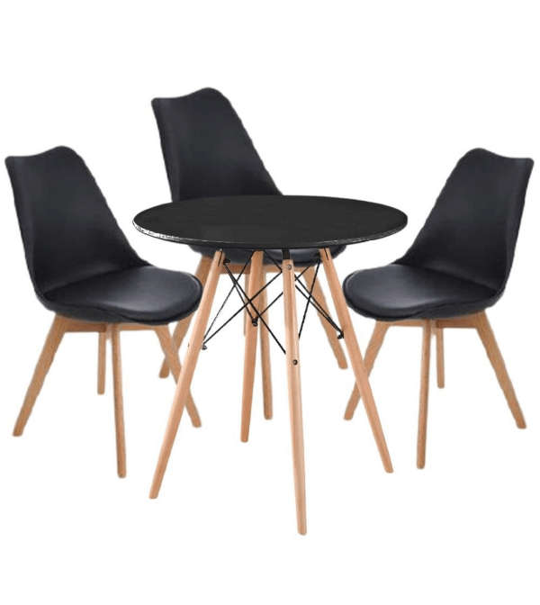 SMTE Modern Wooden Round Dining Table with 3 Set of Soft Padded Chairs Set-Black with keychain