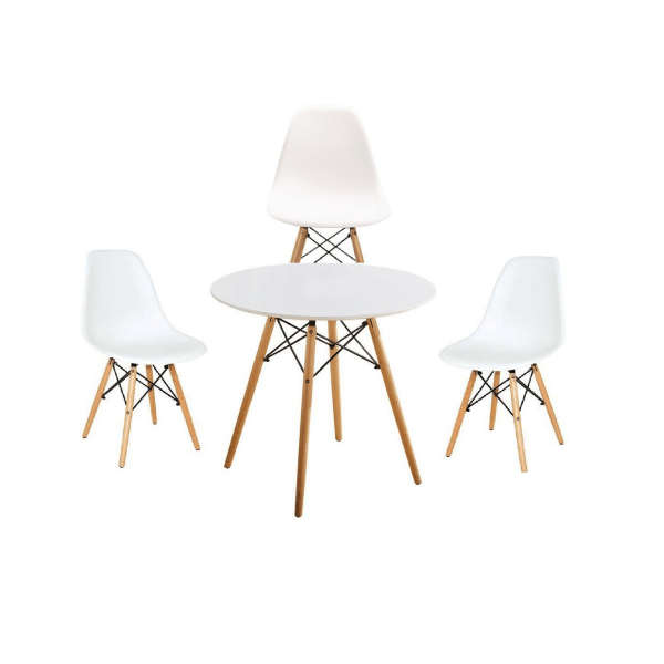 SMTE Modern Wooden Round Dining Table with 3 Emmy Wooden Leg Chairs -White with keychain