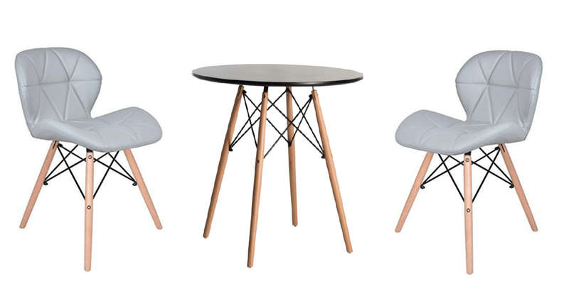 SMTE Modern Wooden Round Dining Table with 2 Soft Padded PU Leather Chairs - Grey with keychain