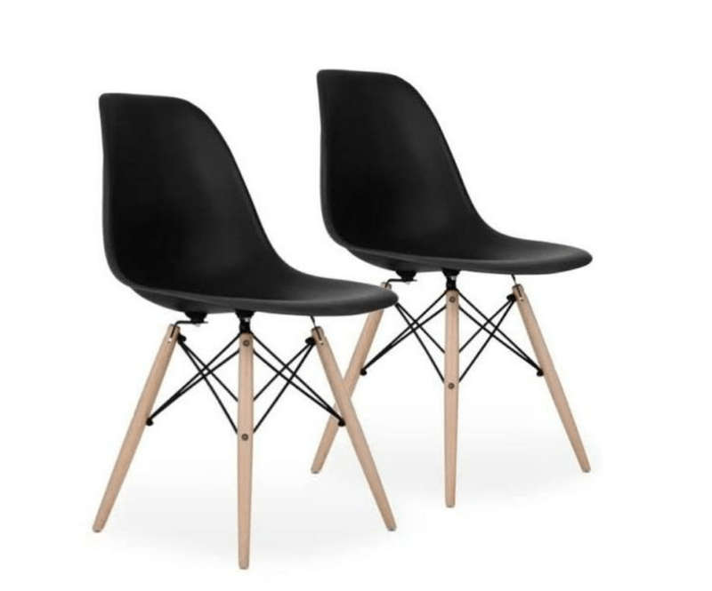 SMTE Modern Style Dining Chair Shell Plastic Chair with Wooden Legs - Set of 2 - Black with keychain
