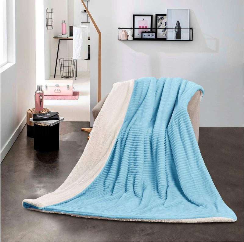 SMTE New Super Soft Reversible Throw Striped Flannel Sherpa Blanket - Blue with keychain