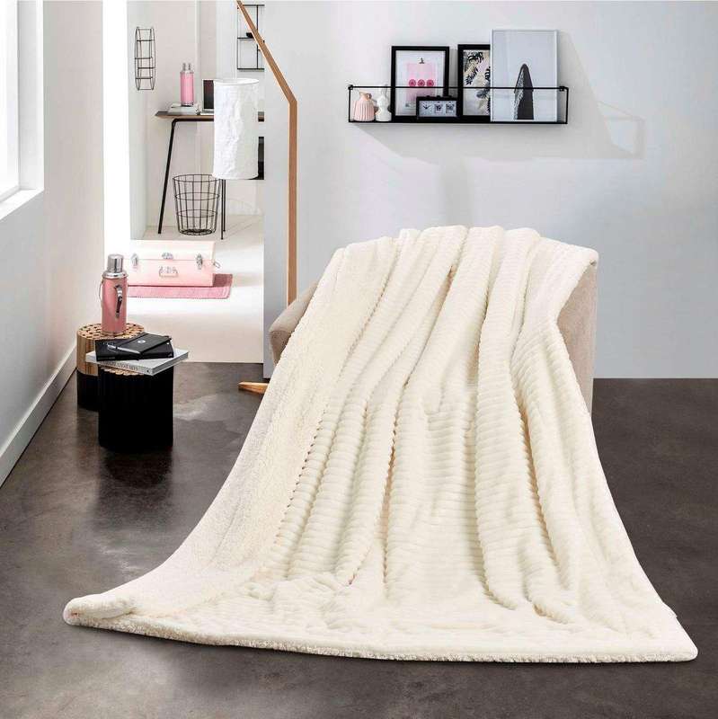 SMTE New Reversible Super Soft Throw Striped Flannel Sherpa Blanket - Cream with keychain