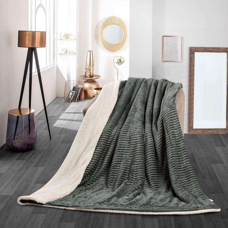 SMTE New Reversible Super Soft Throw Striped Flannel Sherpa Blanket - Dark Grey with keychain