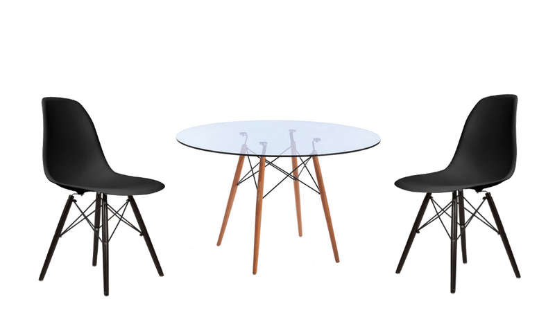 SMTE Modern 3 Piece Glass Table and Black Wooden Leg Chairs with keychain
