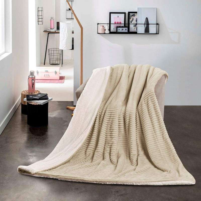 SMTE New Reversible Super Soft Throw Striped Flannel Sherpa Blanket - Light Brown with keychain
