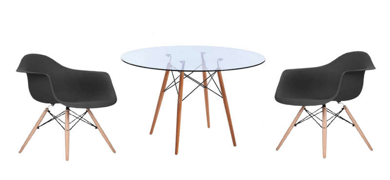 SMTE Modern 3 Piece Glass Table and Black Wooden Leg Chairs with keychain