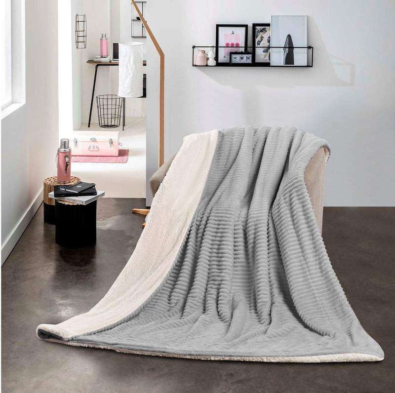 SMTE New Super Soft Reversible Throw Striped Flannel Sherpa Blanket - Light Grey with keychain
