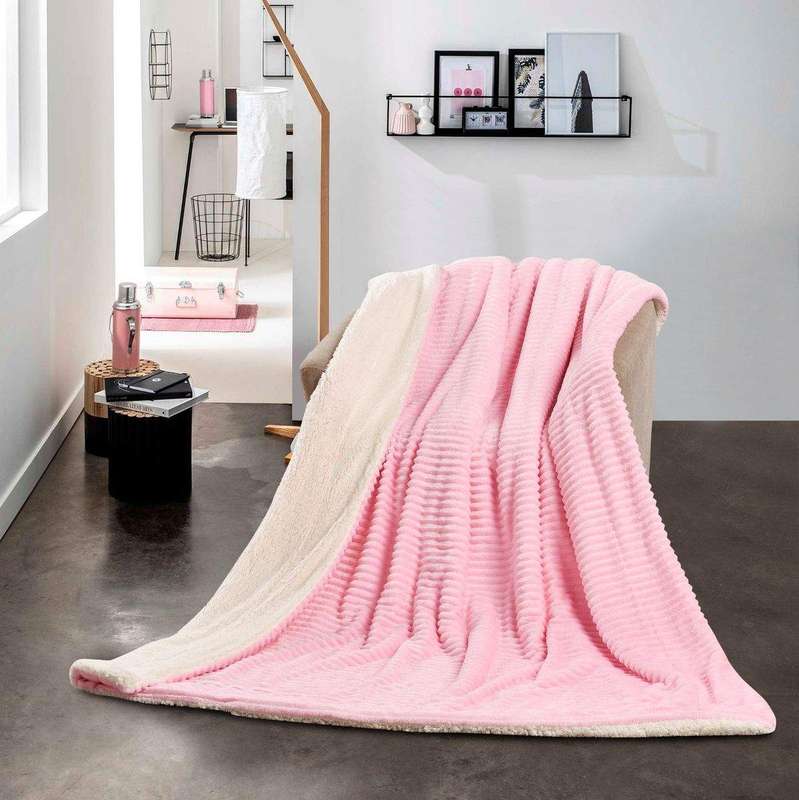 SMTE New Reversible Super Soft Throw Striped Flannel Sherpa Blanket - Pink with keychain