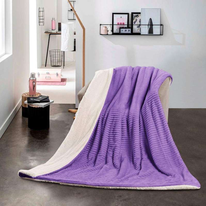 SMTE New Super Soft Reversible Throw Striped Flannel Sherpa Blanket - Purple with keychain
