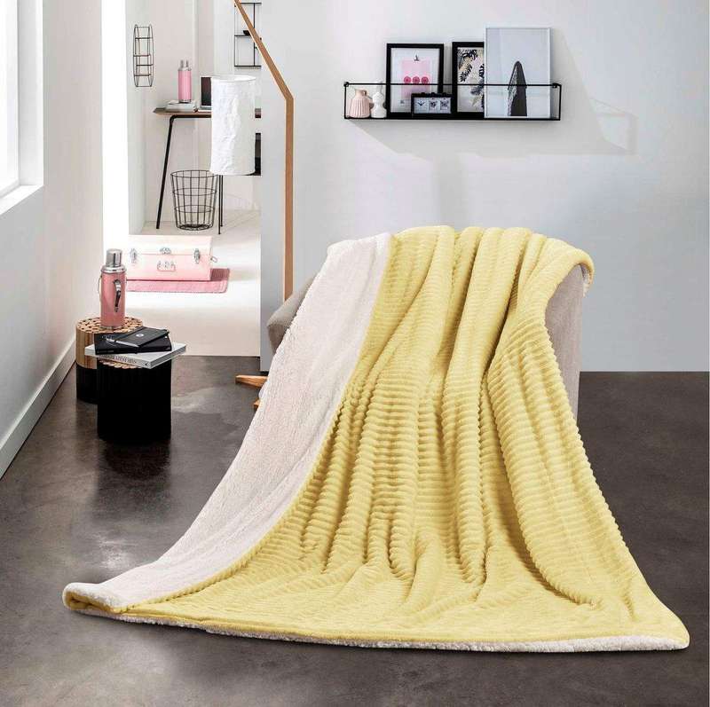 SMTE New Super Soft Reversible Throw Striped Flannel Sherpa Blanket - Yellow with keychain