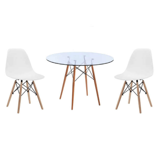 SMTE Glass Table and Wooden Leg Chairs (3 piece set) - White with keychain
