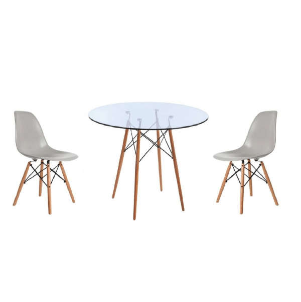 SMTE Glass Table and Wooden Leg Chairs (3 piece set) - Grey with keychain
