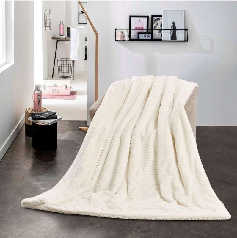 SMTE Sastro - New Reversible Throw Striped Flannel Sherpa Fleece Blanket - Cream White with keychain