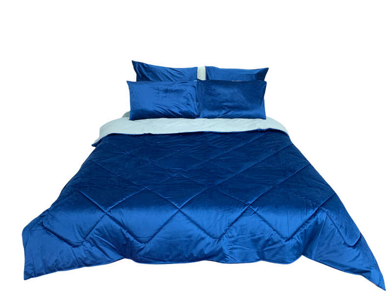 SMTE Shiny Velvet Material Reversible 5 Piece Comforter Set - Royal blue with keychain