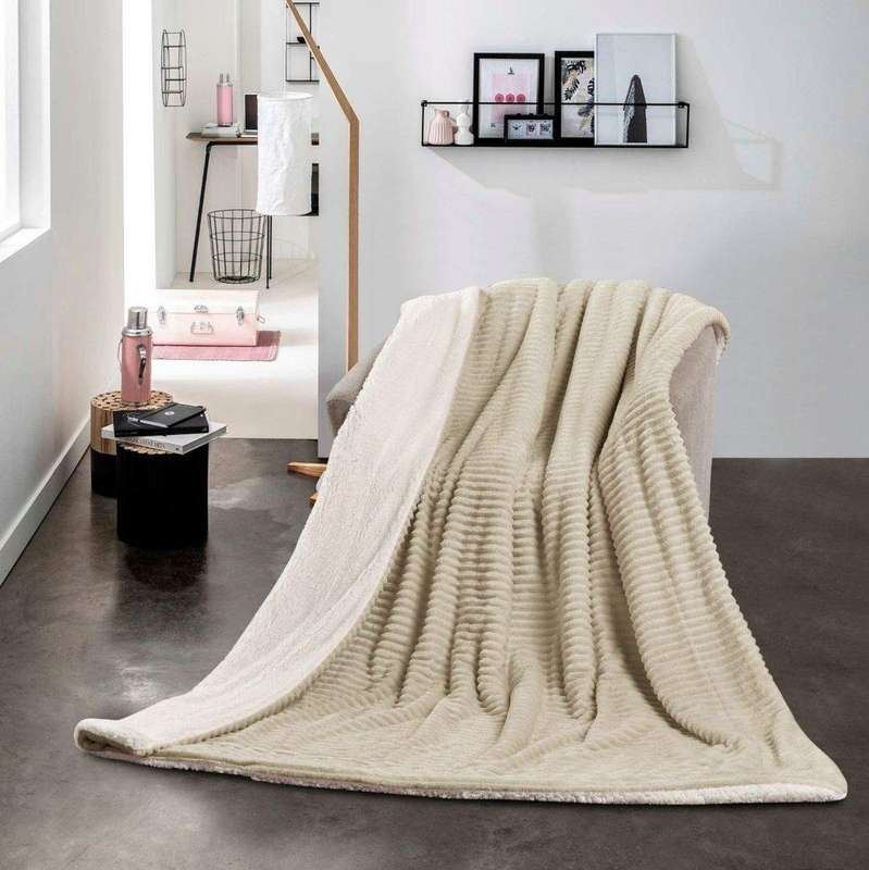 SMTE Sastro - New Reversible Throw Striped Flannel Sherpa Fleece Blanket - Light Brown with keychain