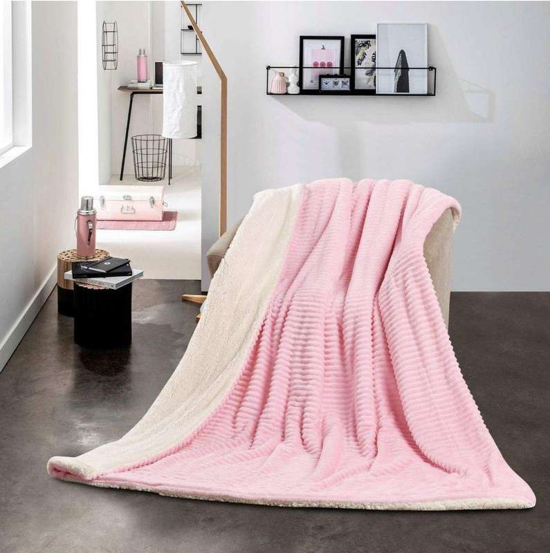 SMTE Sastro - New Reversible Throw Striped Flannel Sherpa Fleece Blanket - Pink with keychain