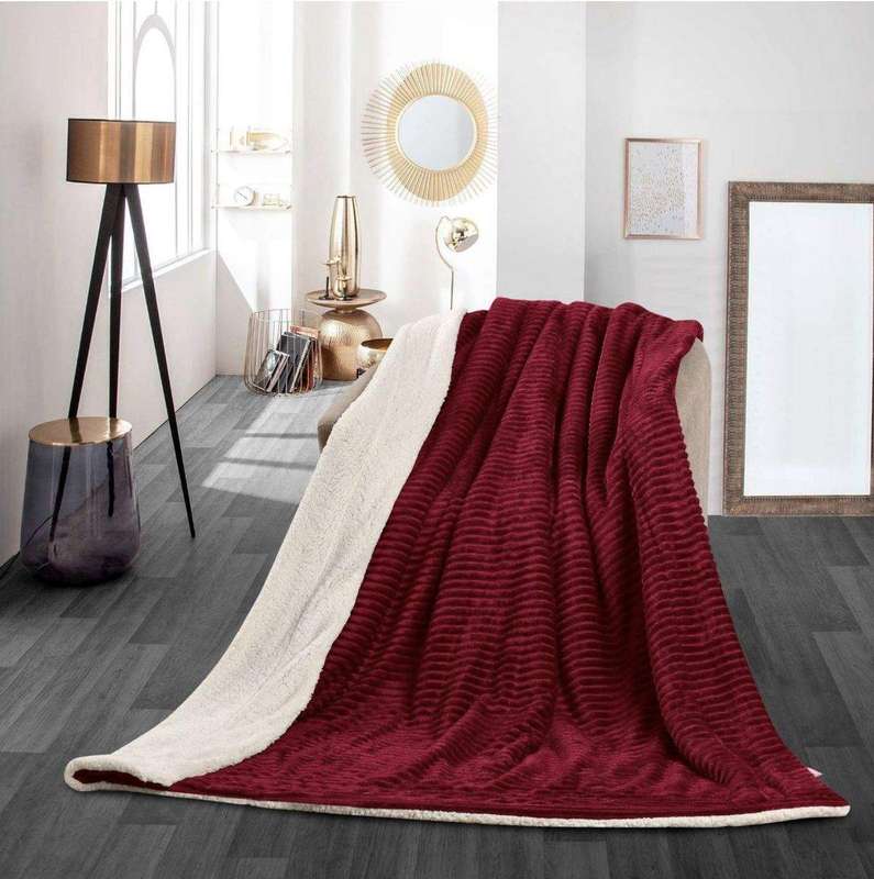 SMTE Sastro - New Reversible Throw Striped Flannel Sherpa Fleece Blanket - Red with keychain