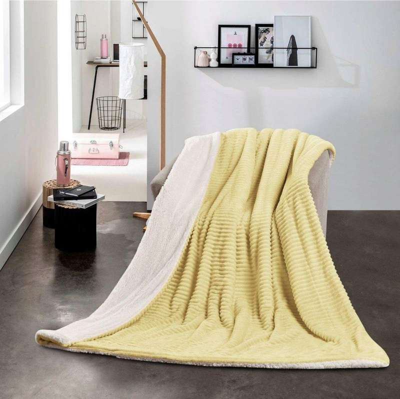 SMTE Sastro - New Reversible Throw Striped Flannel Sherpa Fleece Blanket - Yellow with keychain
