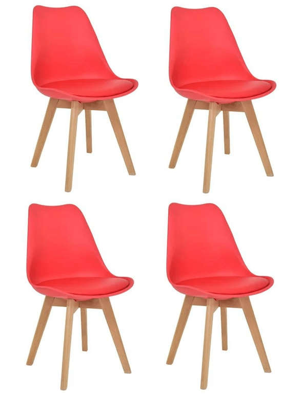 SMTE Dining Chairs - Cushioned Seat Wooden Leg - Pack of 4 - Red with keychain