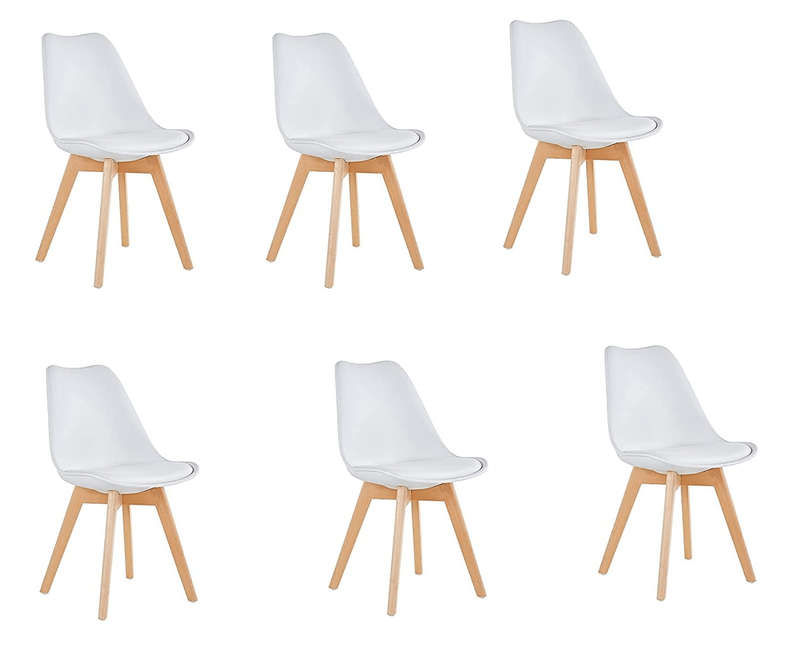 SMTE Dining Chairs - Cushioned Seat / Wooden Legs - 6 Pack - White with keychain