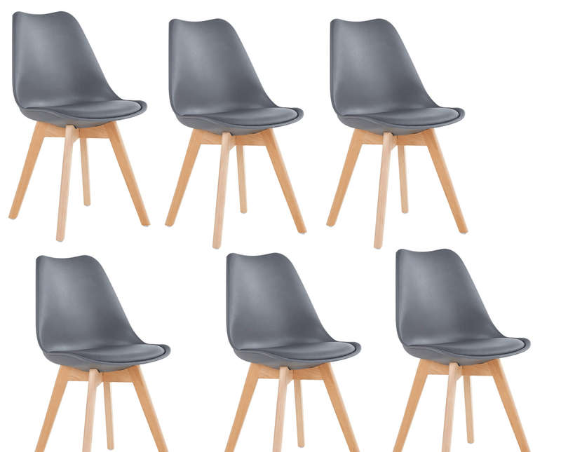 SMTE Dining Chairs - Cushioned Seat / Wooden Legs - 6 Pack - Grey with keychain