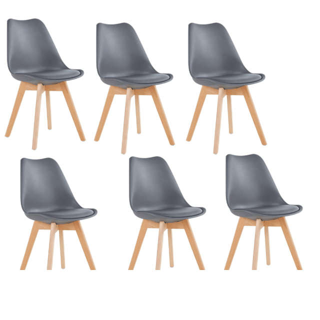 SMTE Dining Chairs - Cushioned Seat / Wooden Legs - 6 Pack - - Grey with keychain