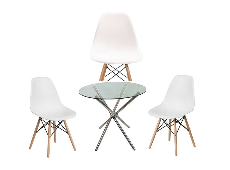 SMTE 80cm Glass Table and Wooden Leg Chairs White (4 Piece set) with keychain