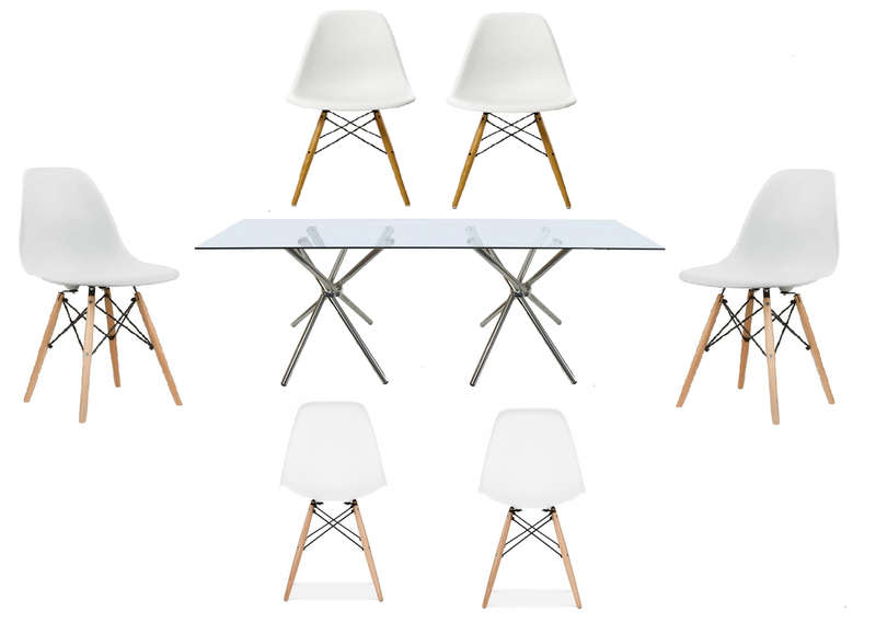 SMTE 7 Piece Rectanguler Glass Table & Wooden Leg Chairs -White with keychain