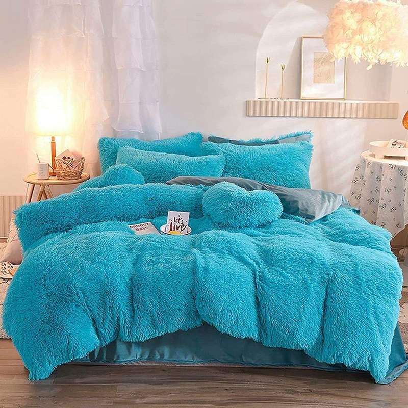 SMTE Wool Plain All Double?5 Piece Fluffy Comforter - Blue with keychain