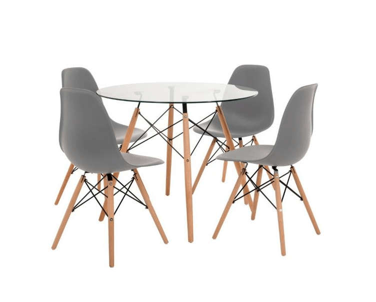 SMTE 5 Piece Glass Table and Wooden Leg Chairs with keychain
