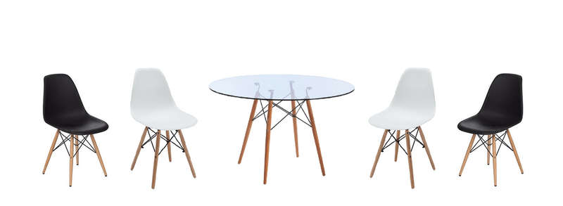 SMTE 5 Piece Glass Table and Wooden Leg Chairs with keychain