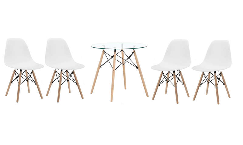 SMTE 5 Piece Glass Table and Wooden Leg Chairs (White) with keychain