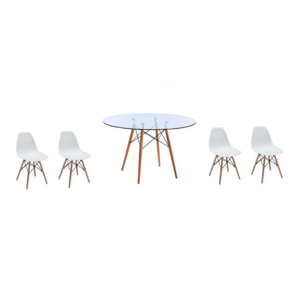 SMTE 5 Piece Glass Table and White Wooden Leg Chairs with keychain