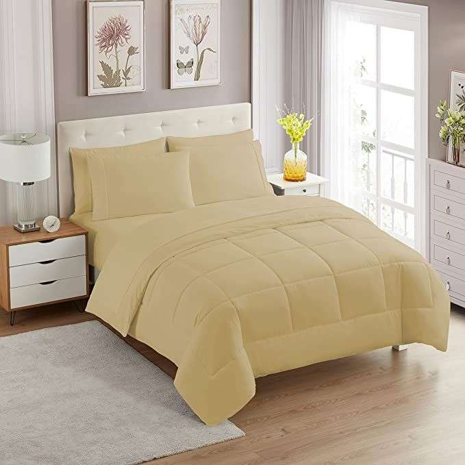 SMTE 5-piece Plain Comforter Set Beige with keychain