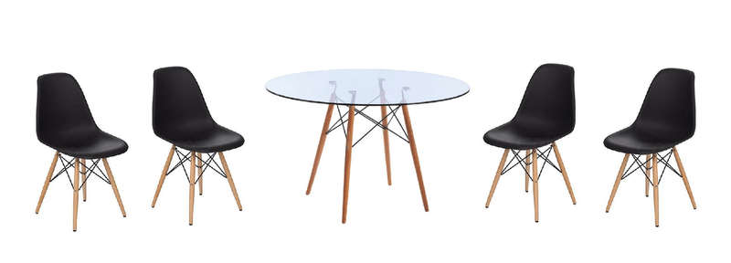 SMTE 5 Piece Glass Table and Black Wooden Leg Chairs with keychain