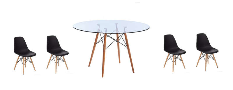 SMTE 5 Piece Glass Table and Black Wooden Leg Chairs with keychain