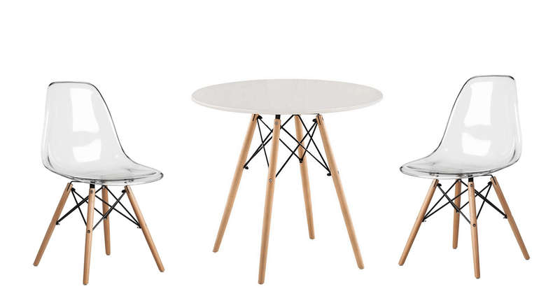 SMTE 3 Piece Modern Wooden Table and Clear Wooden Leg Chairs - White with keychain