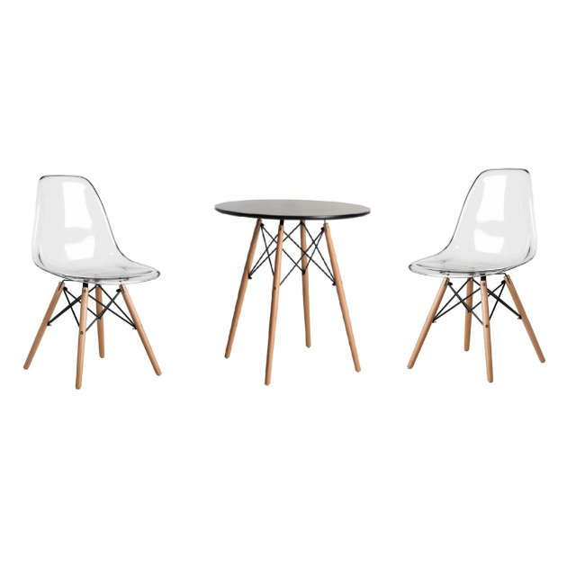 SMTE 3 Piece Wooden Table and Clear Wooden Leg Chairs - Black with keychain